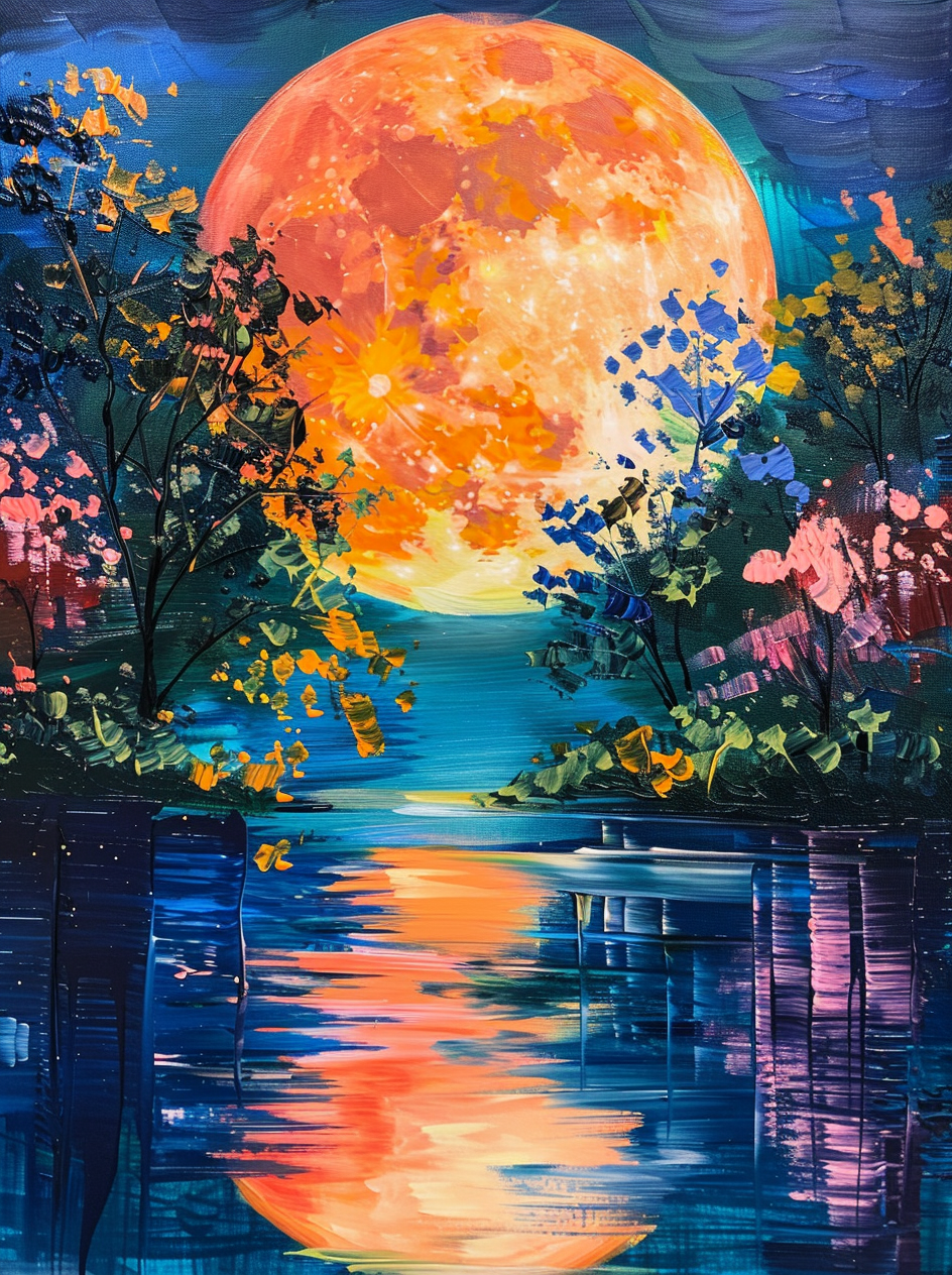 Bright Orange Moon Behind Trees Diamond Art Kit