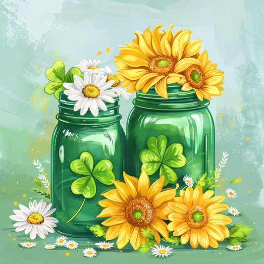 Two Green Jars Sunflowers Daisies Diamond Art Kit