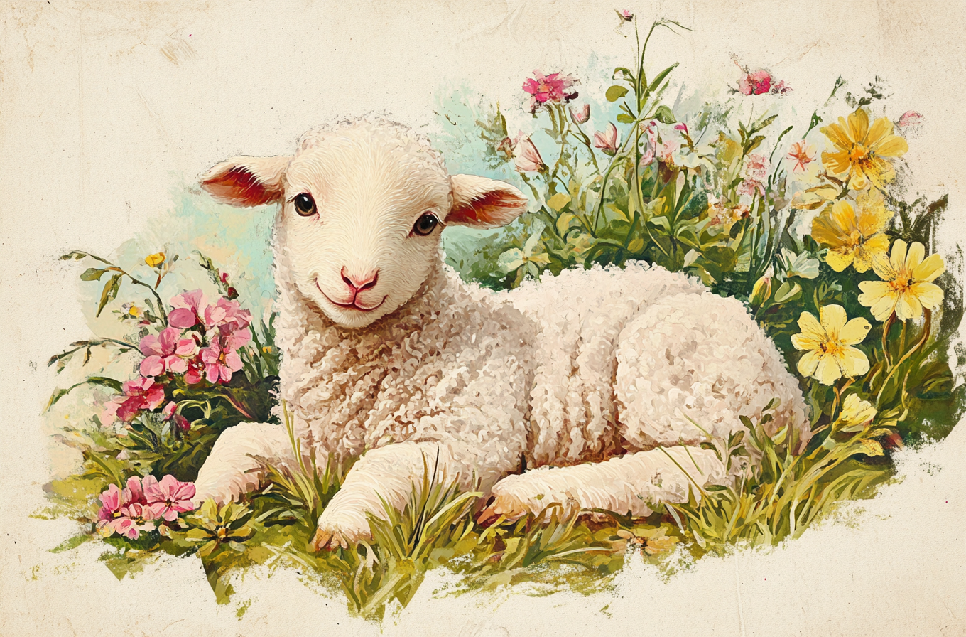 Lamb Laying In Flowers Diamond Art Kit
