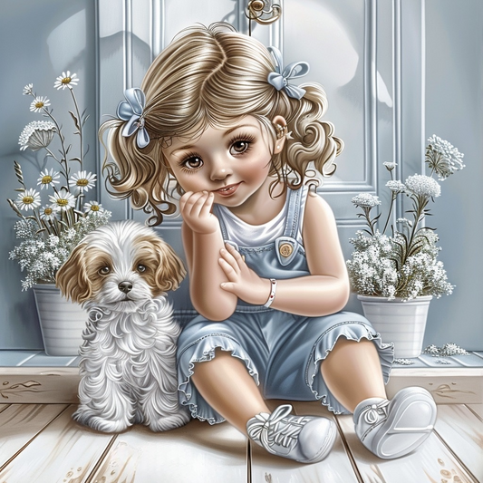 Blue Bow Girl And Puppy Diamond Art Kit