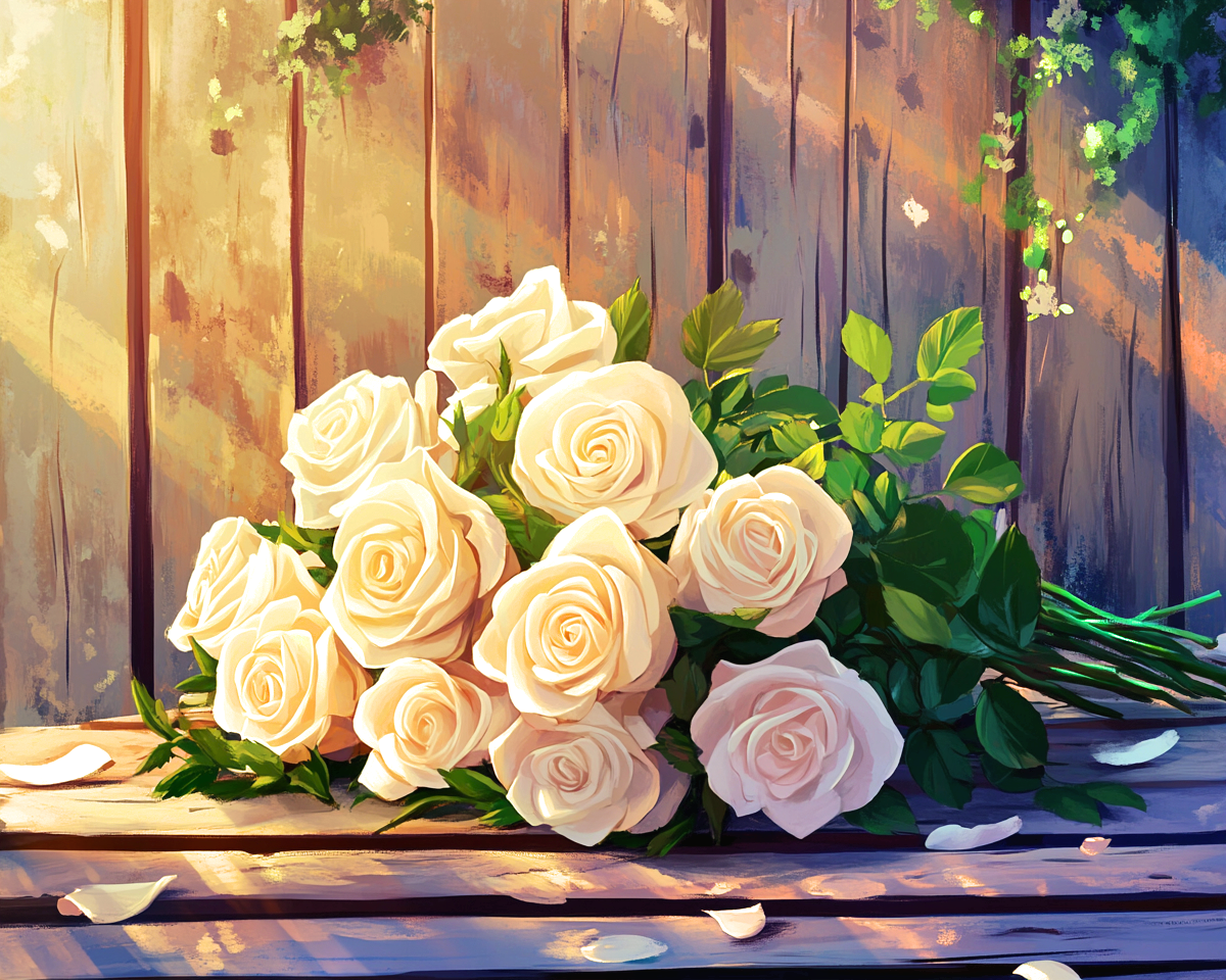 White Roses On A Wood Table Diamond Art Kit