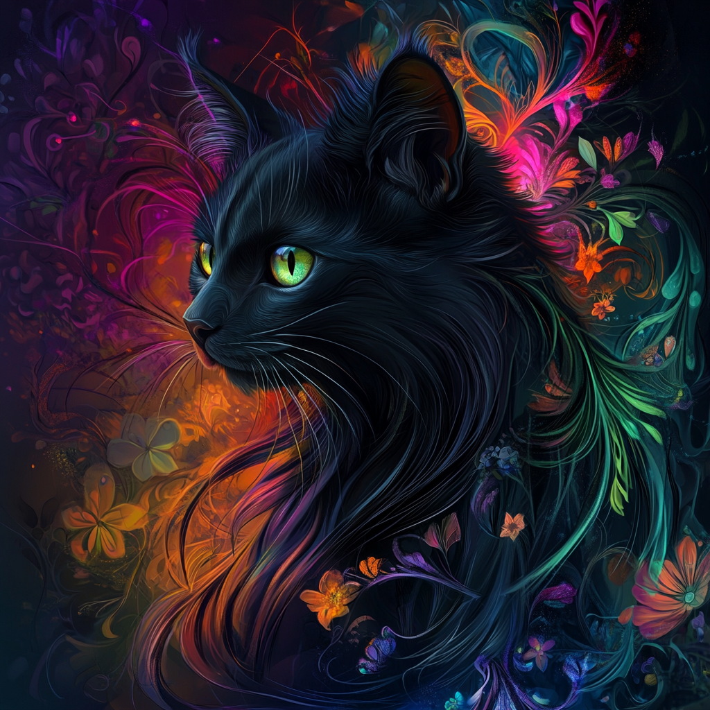 Side Profile Long Hair Black Cat Flowers Diamond Art Kit
