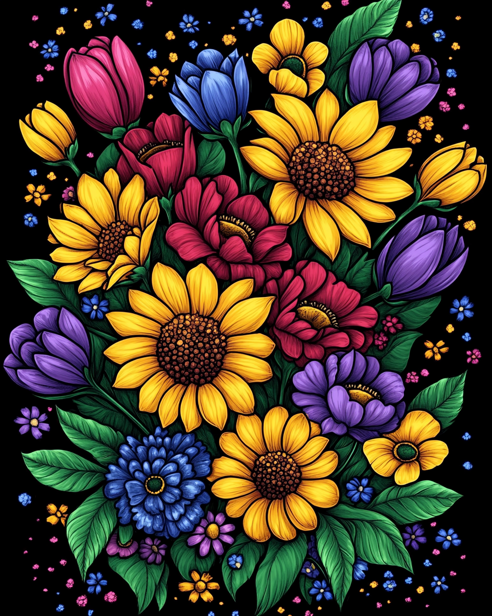 Bright Mixed Flowers And Sunflowers Diamond Art Kit