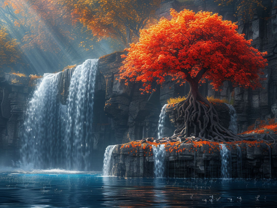 Orange Leaf Tree Waterfall Diamond Art Kit