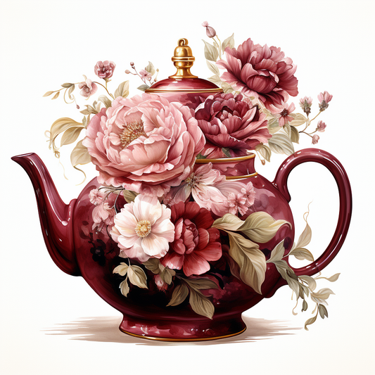 Burgundy Teapot Flowers Diamond Art Kit