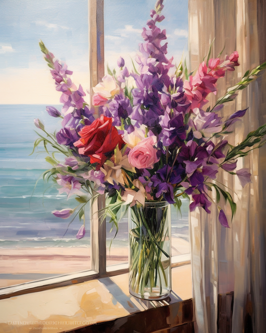 Purple Gladiolus Roses Window Diamond Art Kit