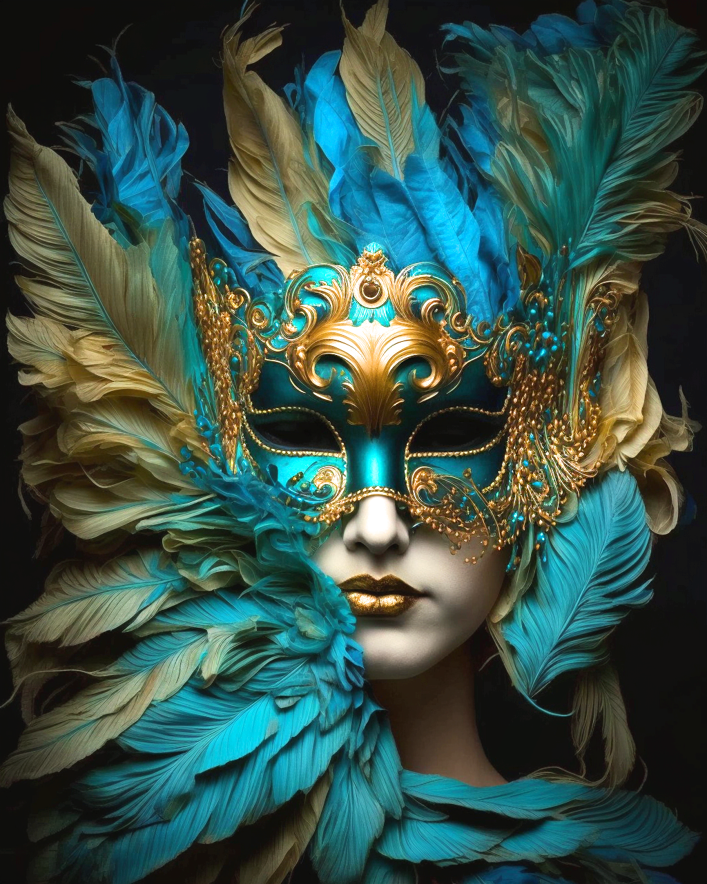 Gold Teal Feather Mask Diamond Art Kit