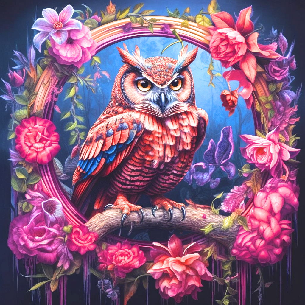 Owl In The Pink Flowers Diamond Art Kit