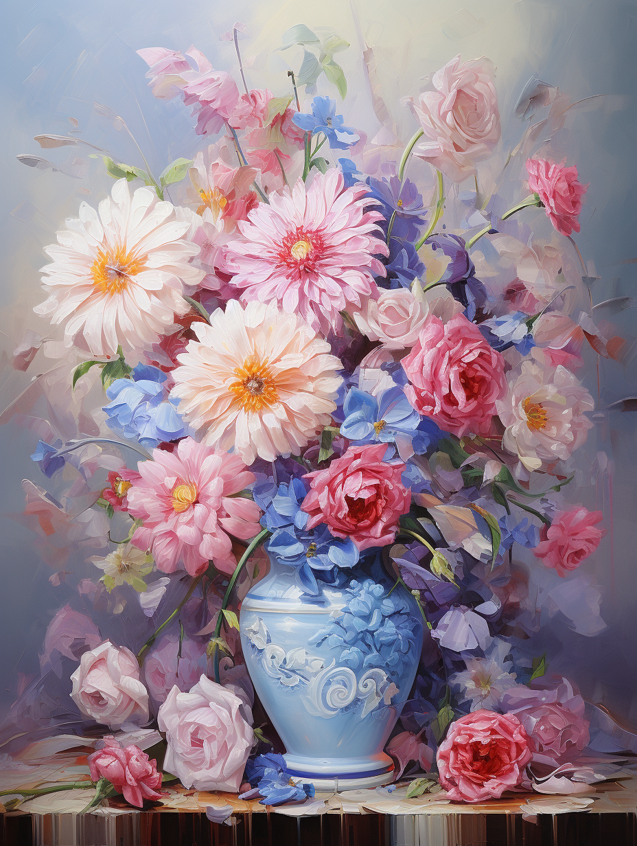 Pink And Blue Flowers In A Blue Vase Diamond Art Kit