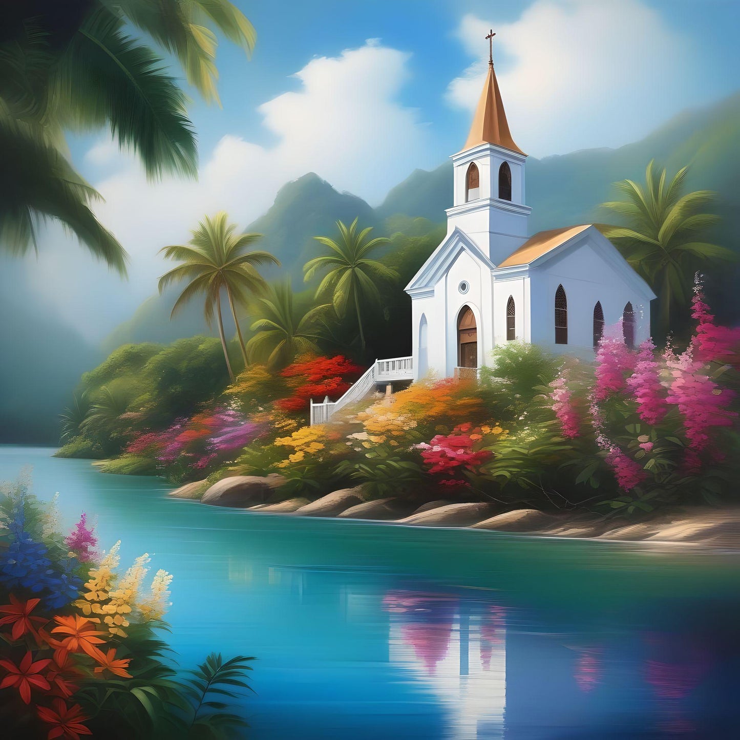 Tropical Flower River Church Diamond Art Kit
