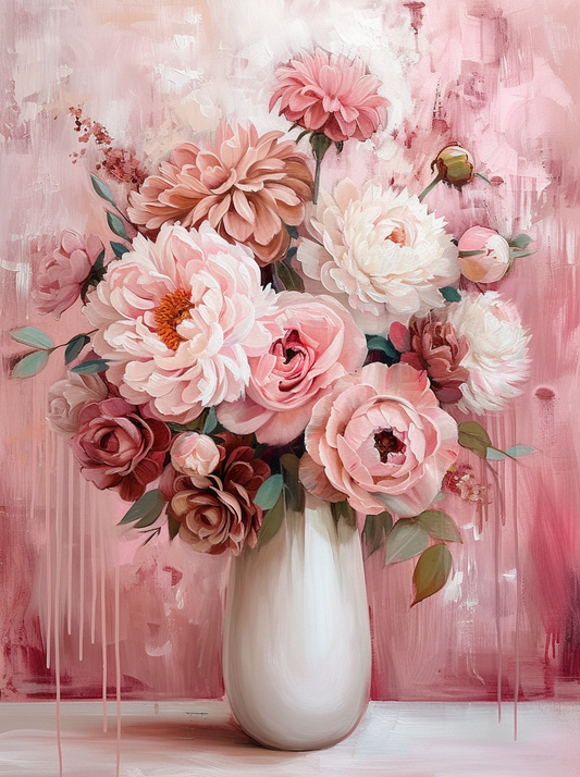 White Vase Of Pink Flowers Diamond Art Kit