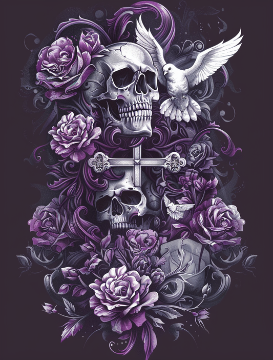 Two Skull Dove Flowers Diamond Art Kit