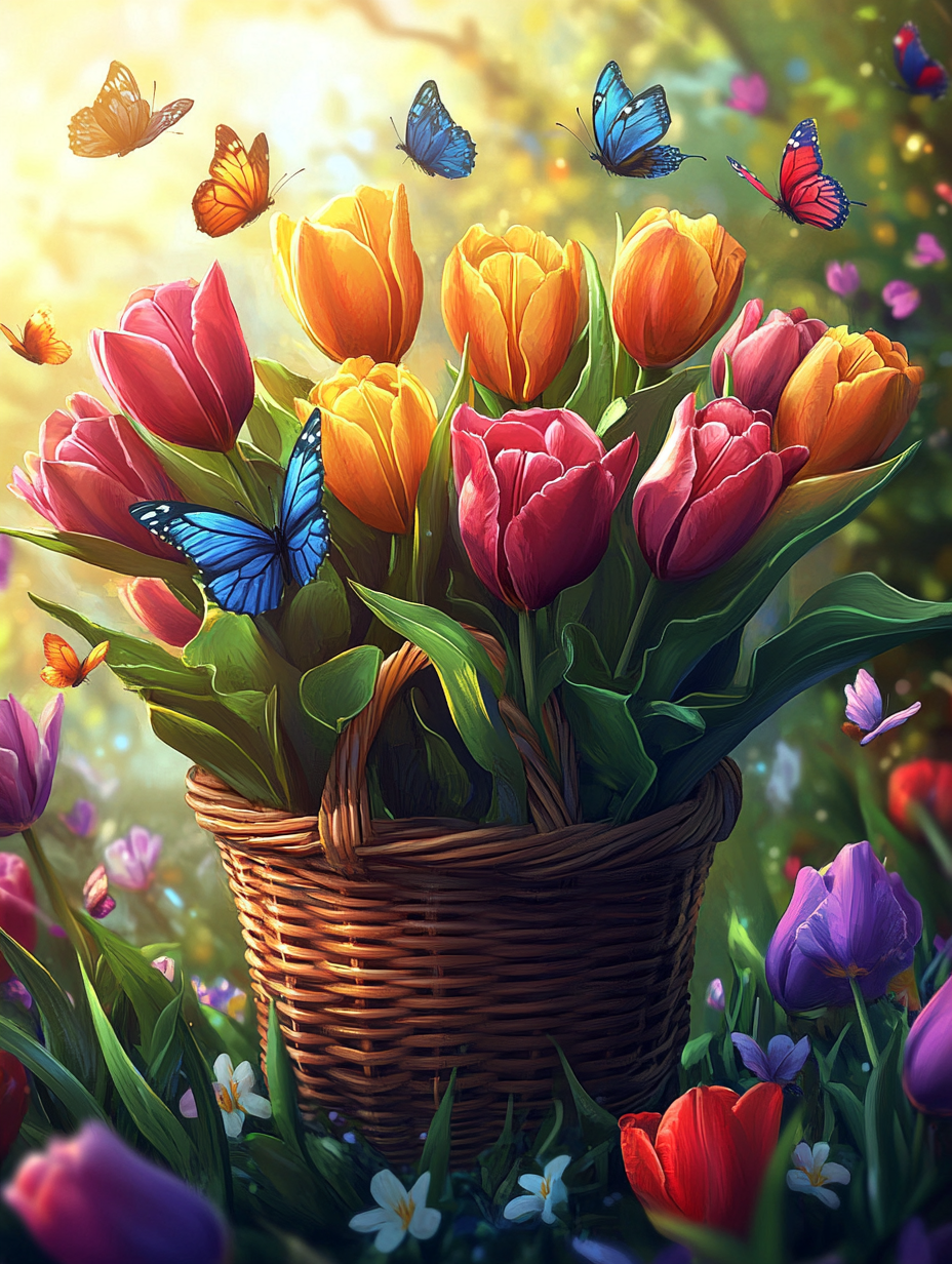 Brown Weaved Basket Of Tulips Diamond Art Kit