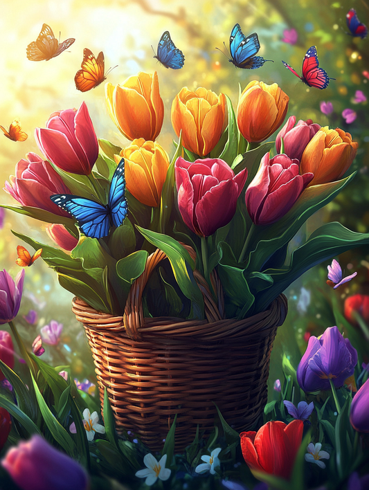 Brown Weaved Basket Of Tulips Diamond Art Kit