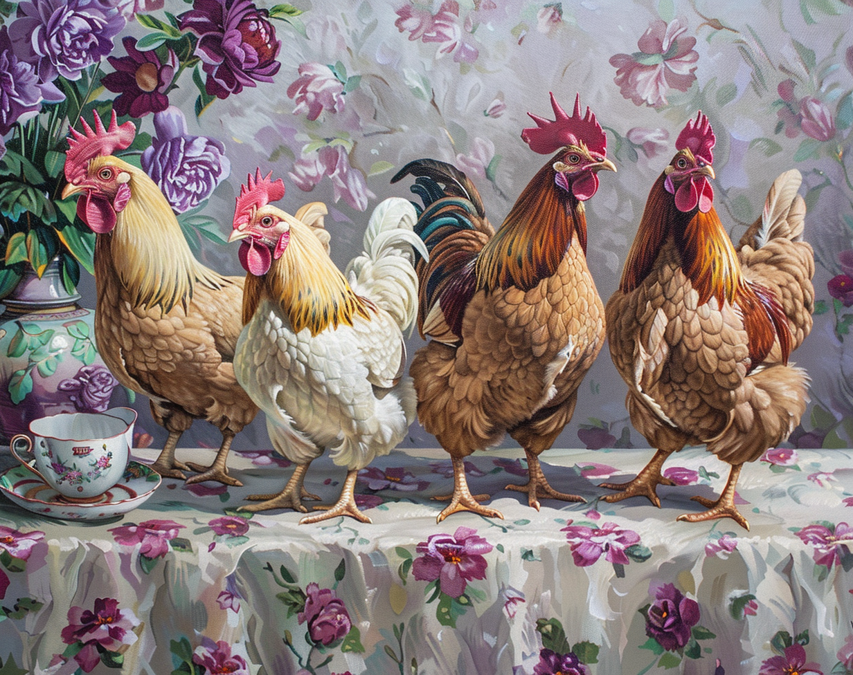Four Roosters On A Table Diamond Art Kit