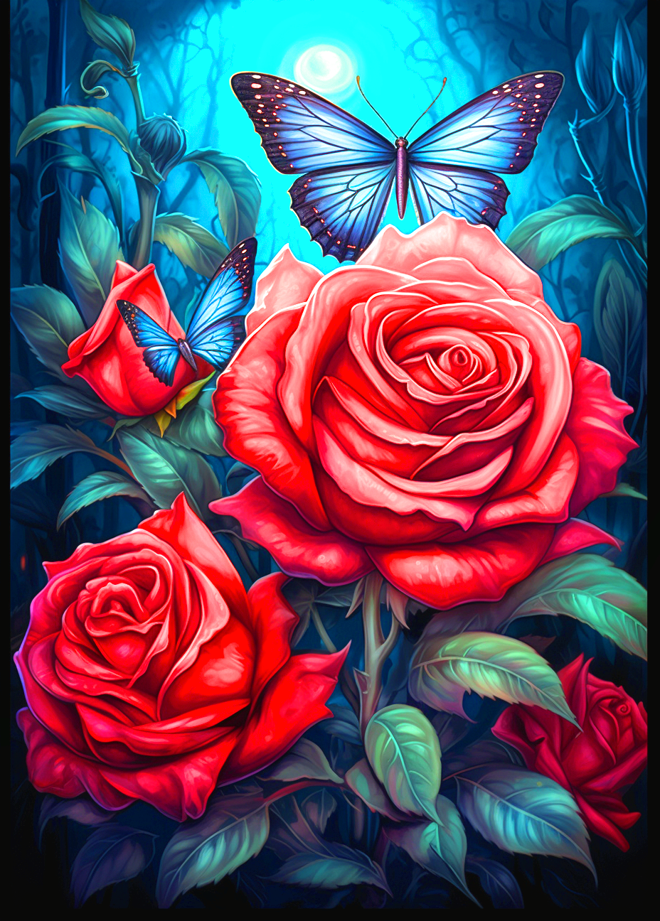 Red Roses Blue Butterflies Diamond Art Kit