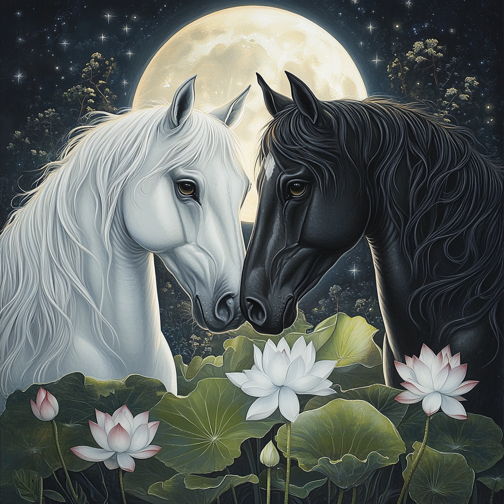 Full Moon White Lotus Horses Diamond Art Kit