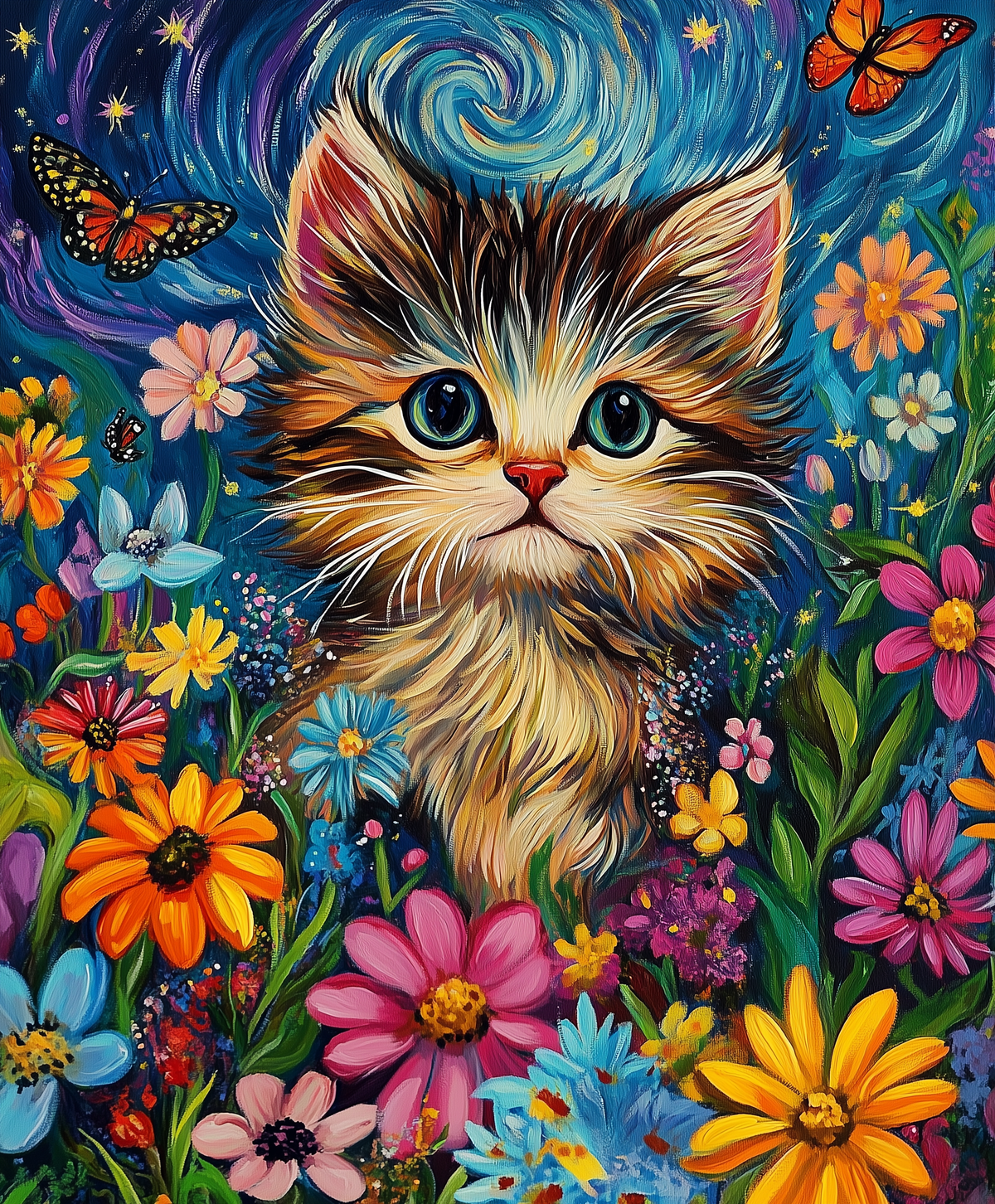 Starry Night Kitten In Flowers Diamond Art Kit