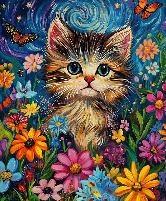 Starry Night Kitten In Flowers Diamond Art Kit