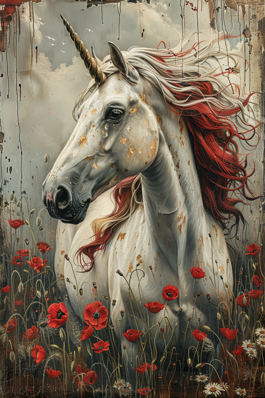 Red Poppy White Unicorn Diamond Art Kit