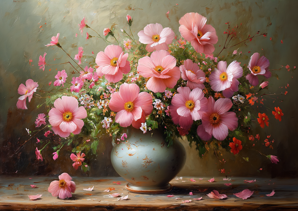 Blue Vase Of Pink Flowers Diamond Art Kit