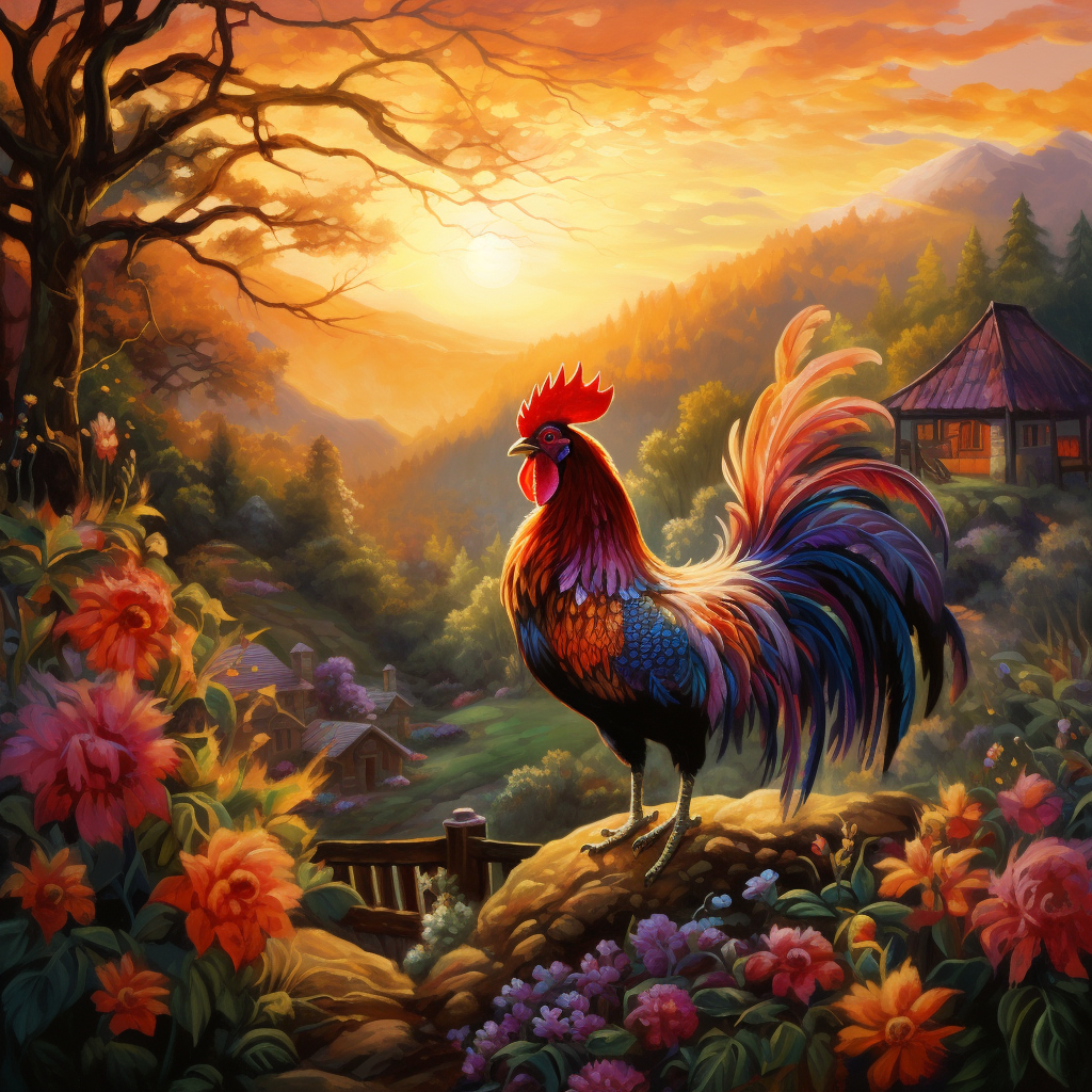 Colorful Tail Rooster Sunrise Diamond Art Kit