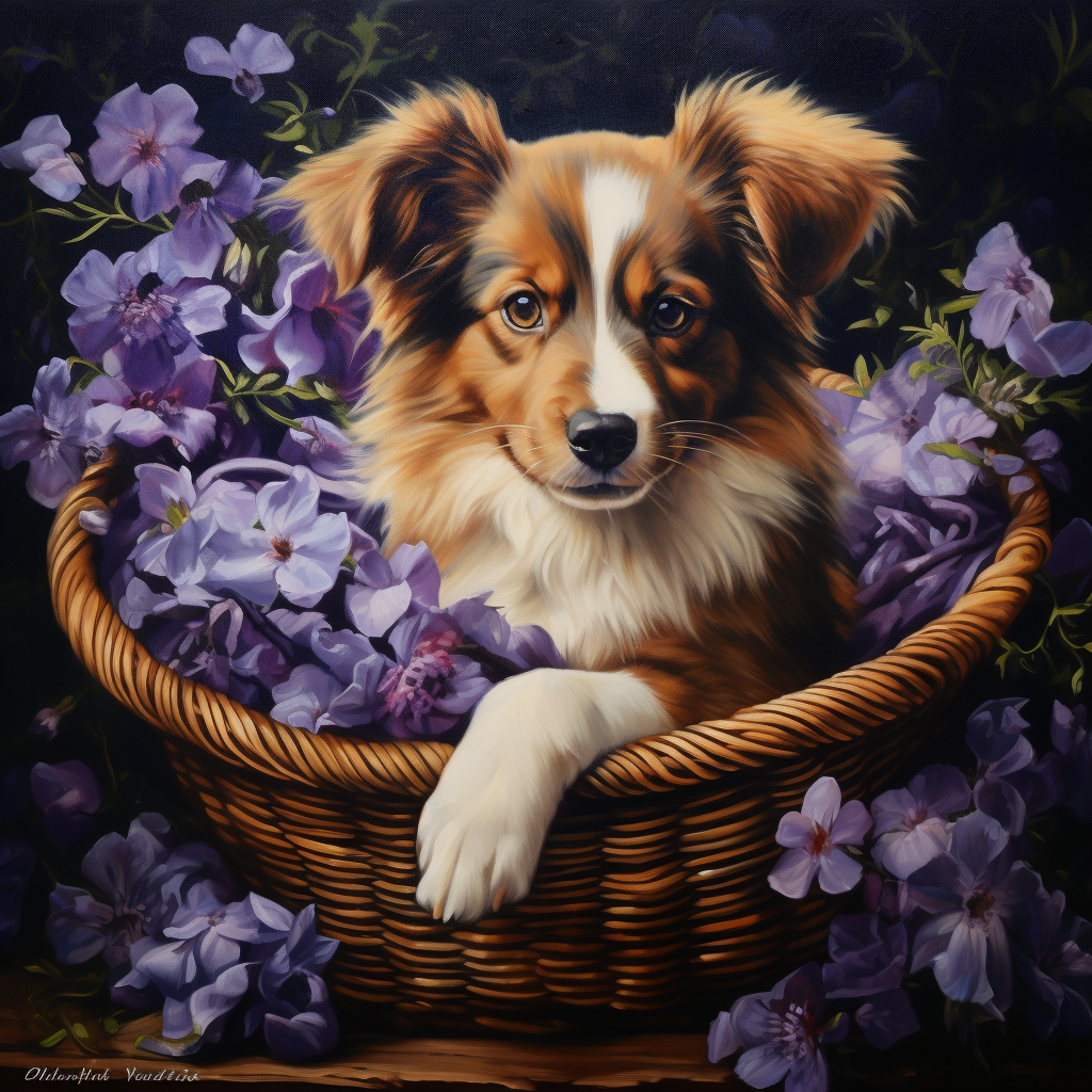 Brown Border Collie Puppy Flower Basket Diamond Art Kit