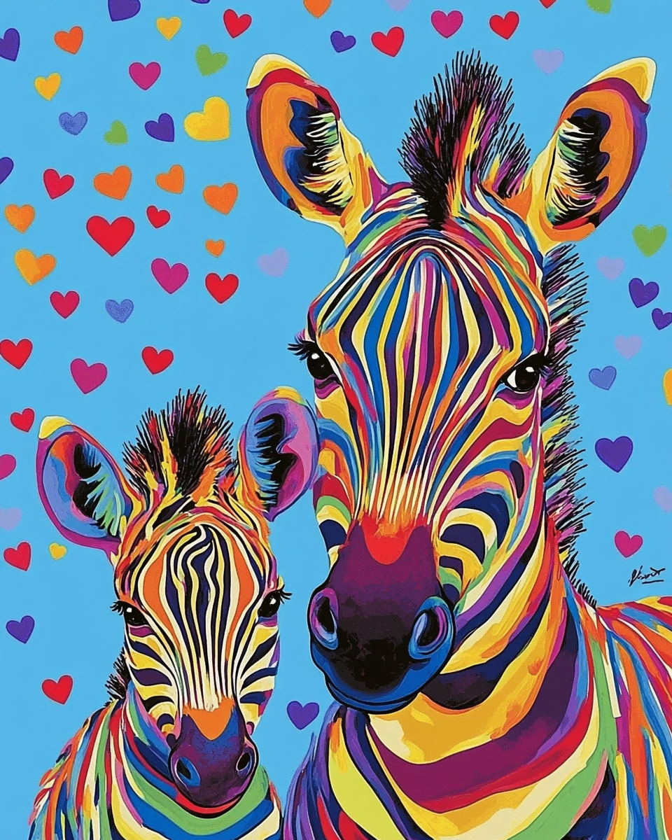 Colorful Zebras And Hearts Diamond Art Kit