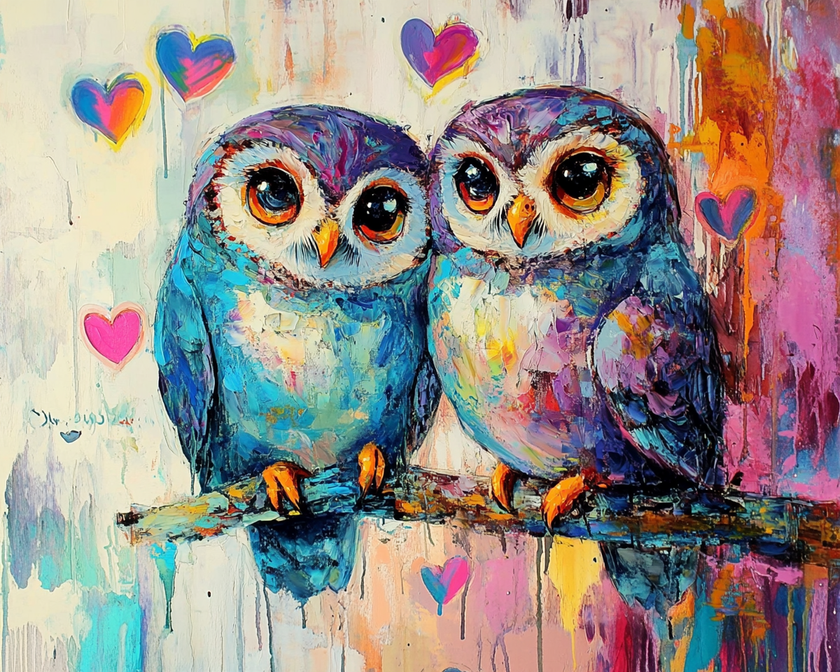Hearts And Two Owls Abstract Diamond Art Kit