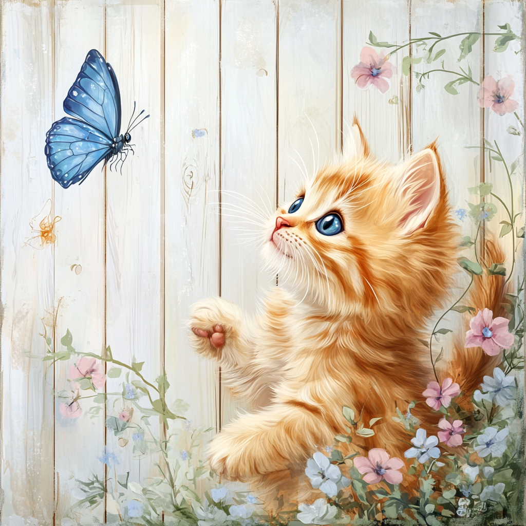 Striped Kitten Blue Butterfly Diamond Art Kit