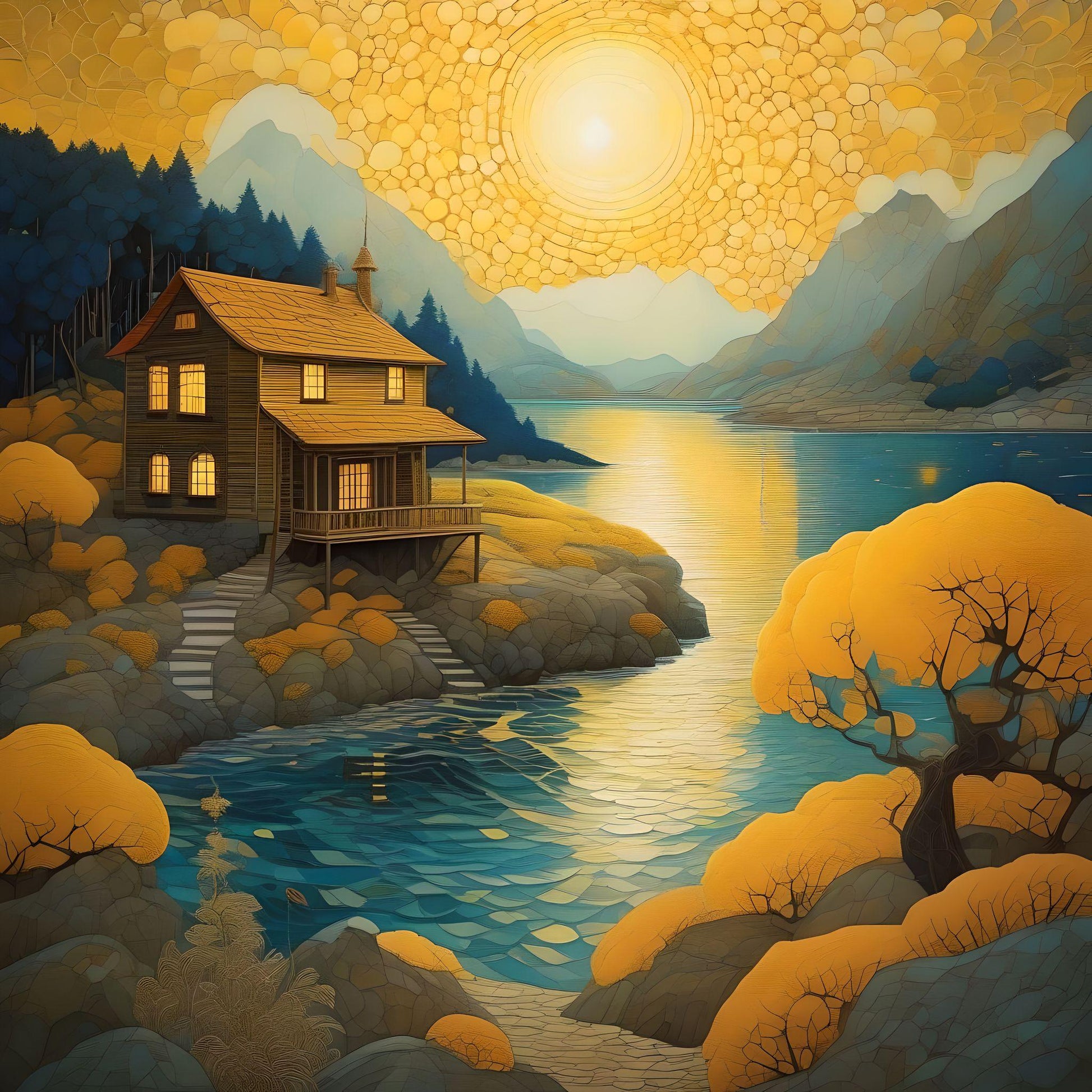 Golden Sun Mountain Cabin Diamond Art Kit