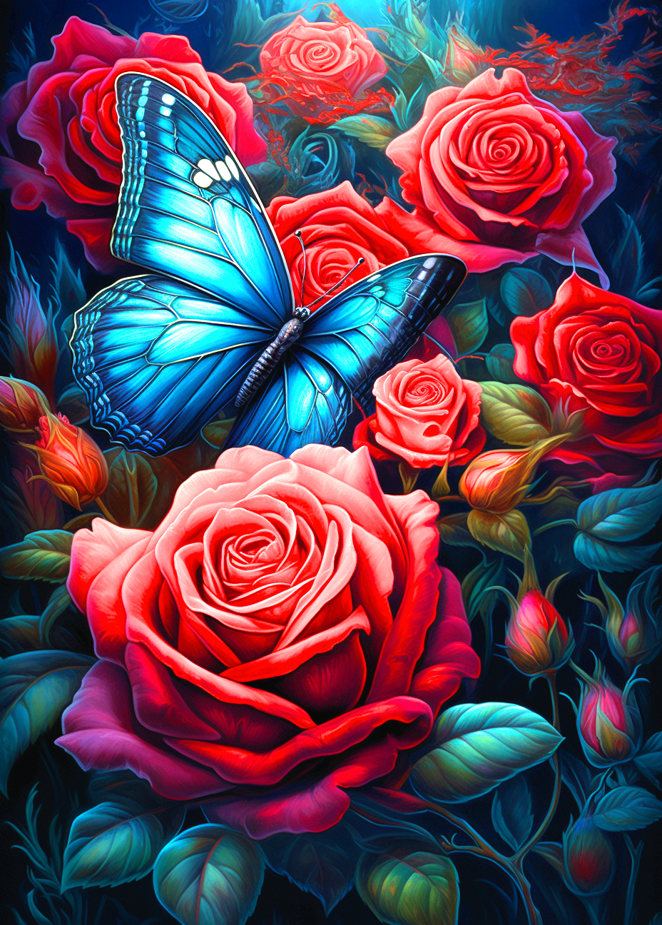 Blue Butterfly And Roses Diamond Art Kit