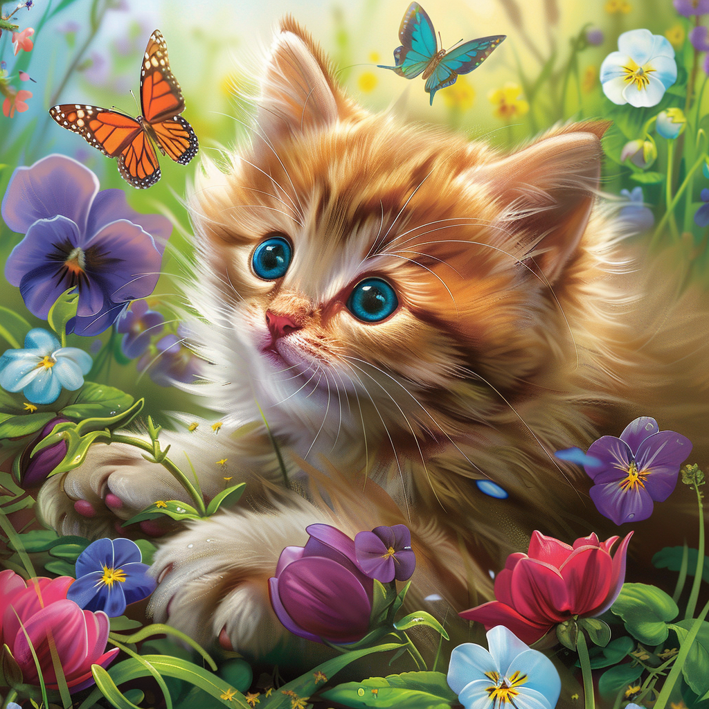 Blue Eyed Kitten And Colorful Flowers Diamond Art Kit