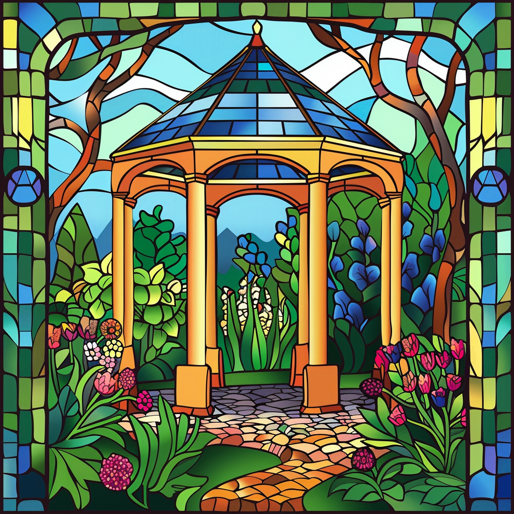 Blue Tile Roof Garden Gazebo Diamond Art Kit