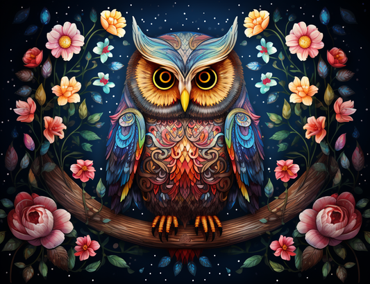 Night Sky Abstract Owl Flowers Diamond Art Kit