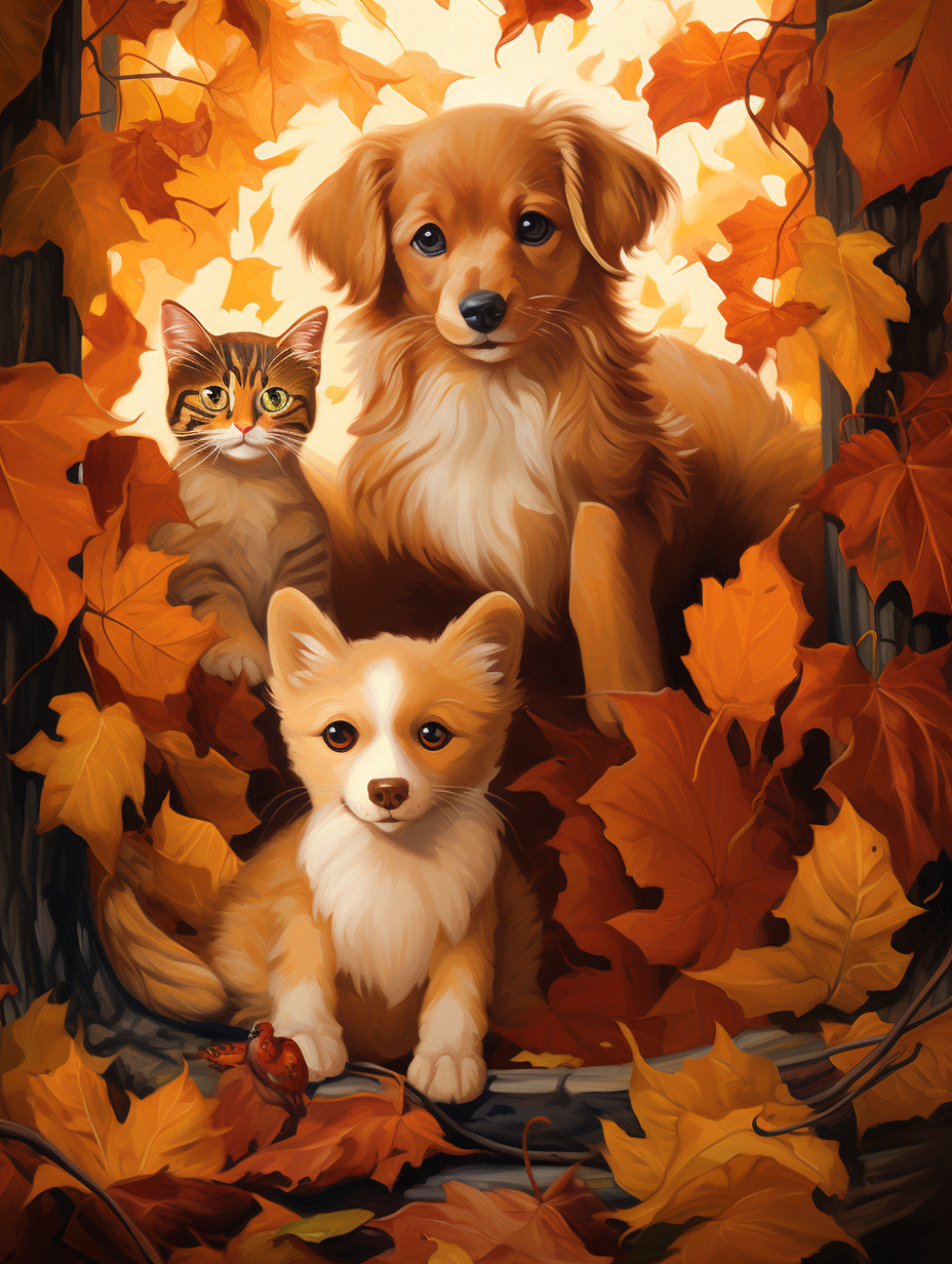 Cat Two Dogs Leaves Diamond Art Kit