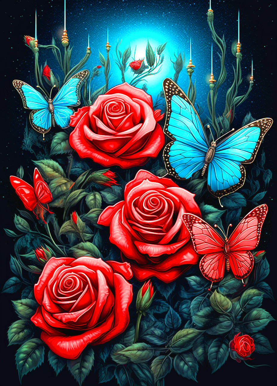 Redblue Butterflies And Roses Diamond Art Kit