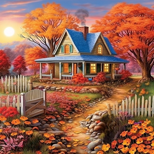 Blue Farmhouse In Fall Diamond Art Kit