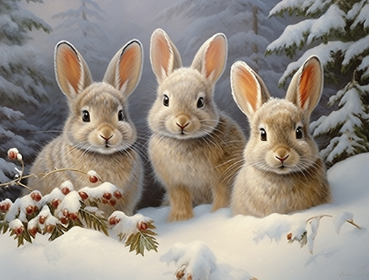 Three Cute Rabbits In The Snow Diamond Art Kit