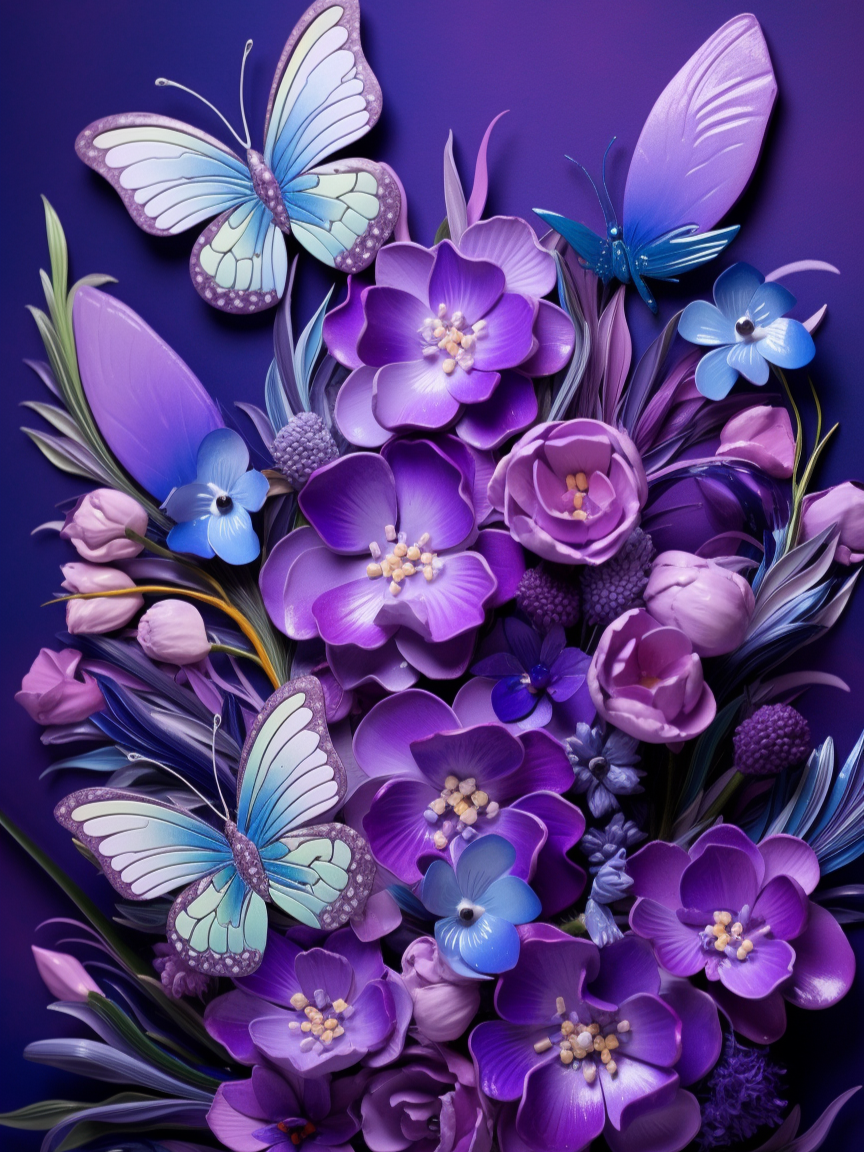Purple And Blue Butterflies Flowers Diamond Art Kit