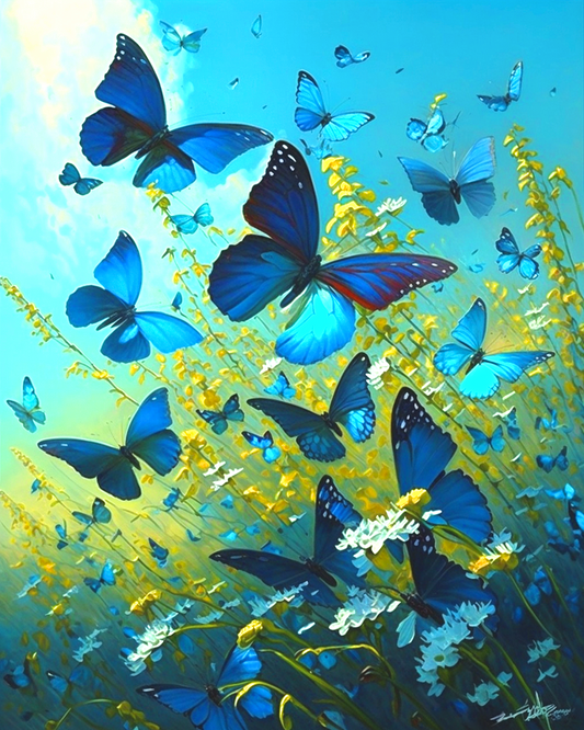 Dark Blue Butterflies Wildflowers Diamond Art Kit