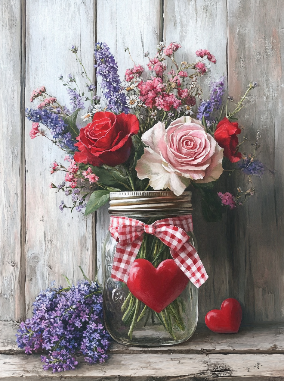 Hearts Jar Of Roses And Flowers Diamond Art Kit