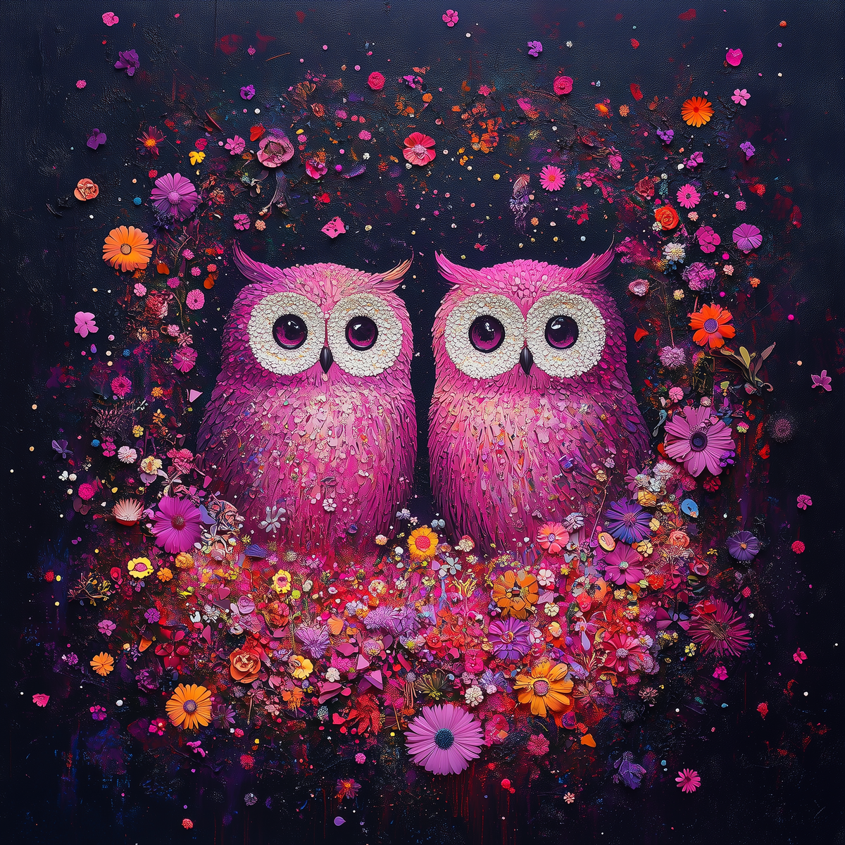 Two Pink Owls Flowers Diamond Art Kit