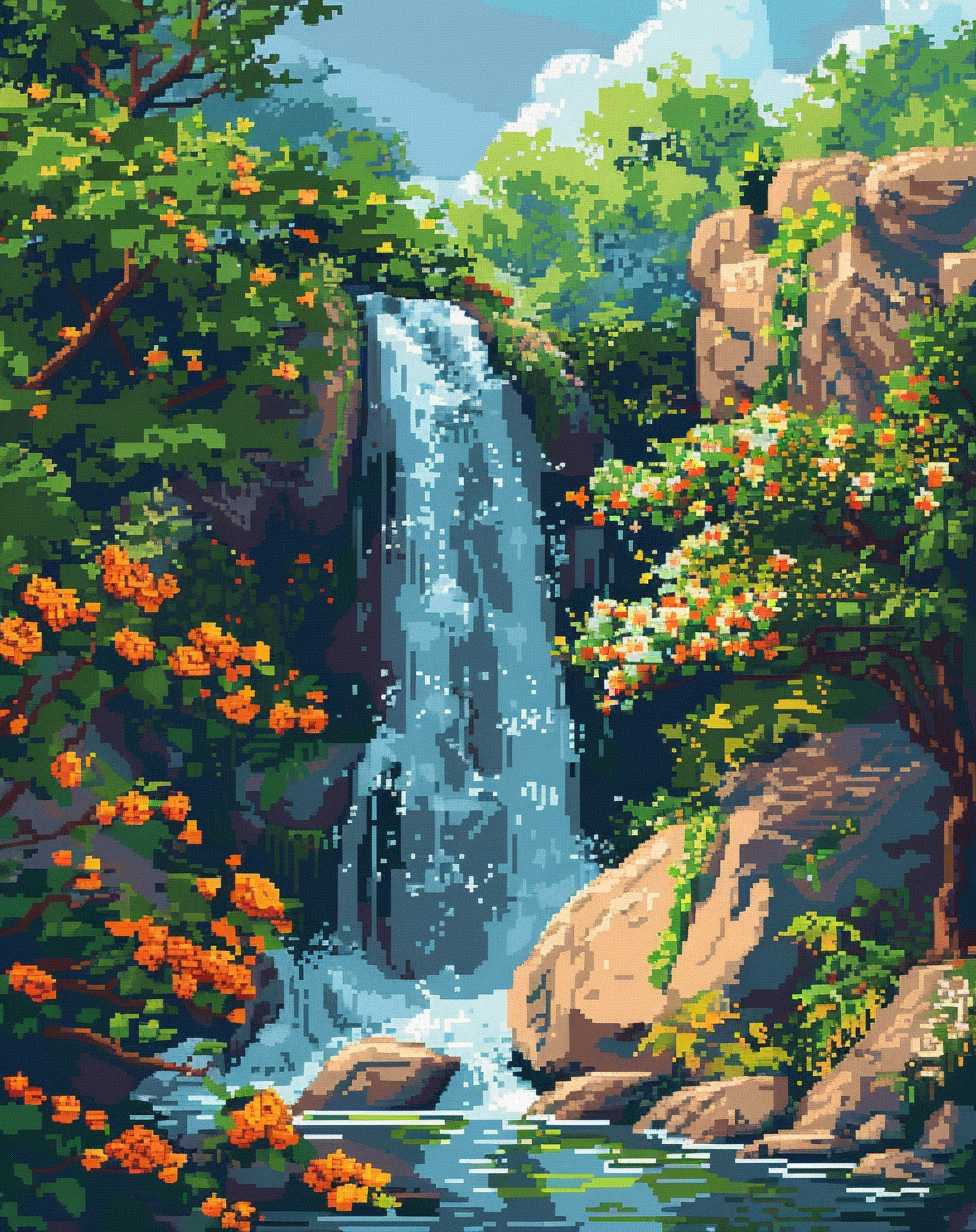 Waterfalls And Orange Flowers Diamond Art Kit