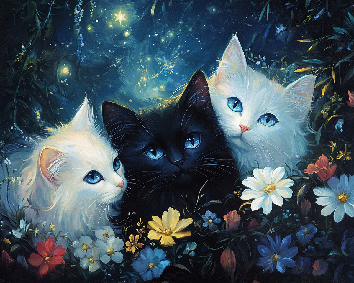 Three Cats Flowers Diamond Art Kit