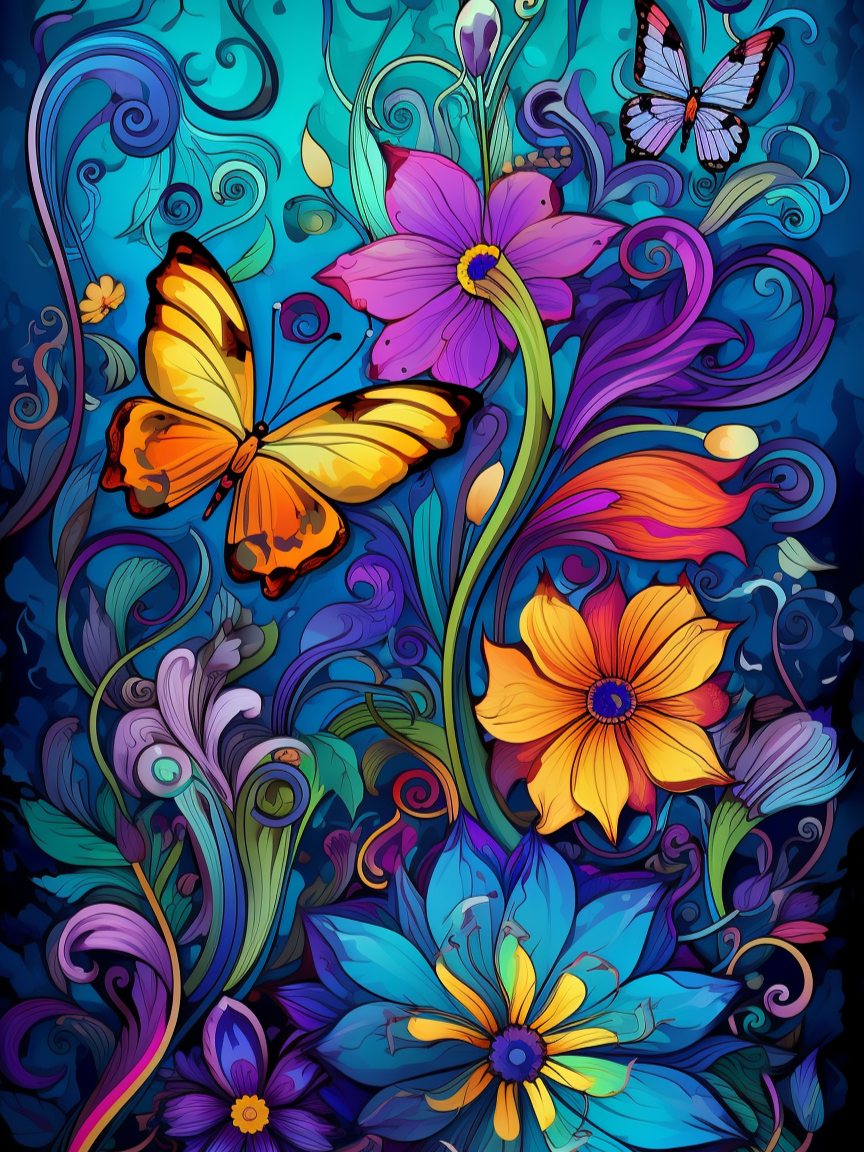 Blue Background Abstract Butterflies Flowers Diamond Art Kit