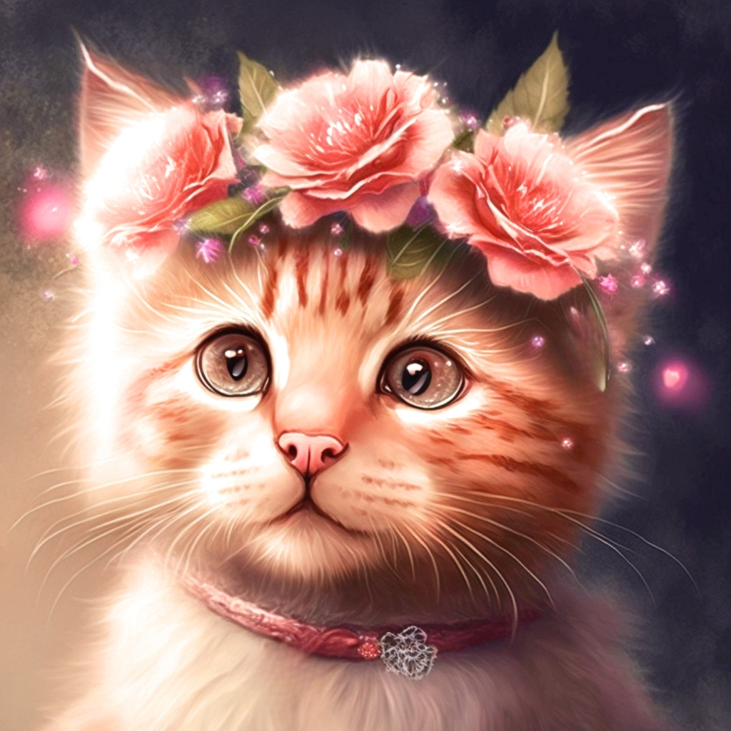 Peach Flower Kitten Diamond Art Kit