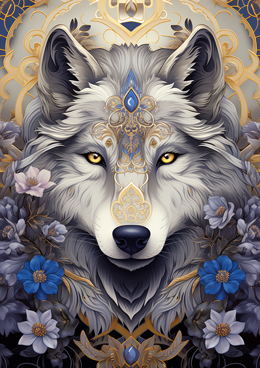Blue Flower Wolf Diamond Art Kit