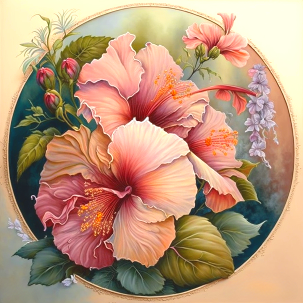 Pink Hibiscus Circle Diamond Art Kit