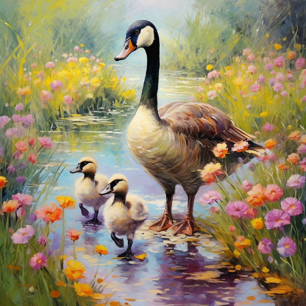 Goslings And Mother Goose By The Flowers Diamond Art Kit